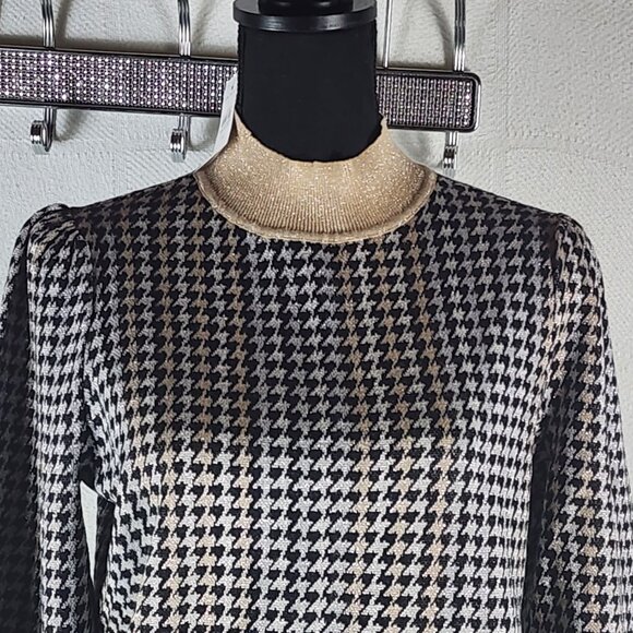 Ann Taylor Black Tan Metallic Houndstooth Mock Neck Cotton Poly Modal Sweater M - Picture 2 of 16